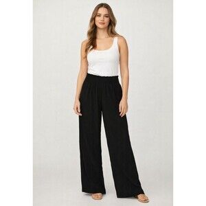 Wide Leg Classic Black Pants Pull on Elastic Stretch Ruched Waistband NWOT Women